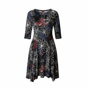 NEW Vince Camuto 3/4 Sleeve Black Floral Midi Knit Dress, M